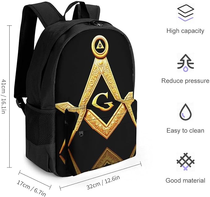 Polyester Daypack Backpack for Climbing Outdoors Running, Big Capacity Multipurpose Anti-Theft Bookbag, Gold Freemason Freemasonry Masonic Travel Hiking Camping Rucksack