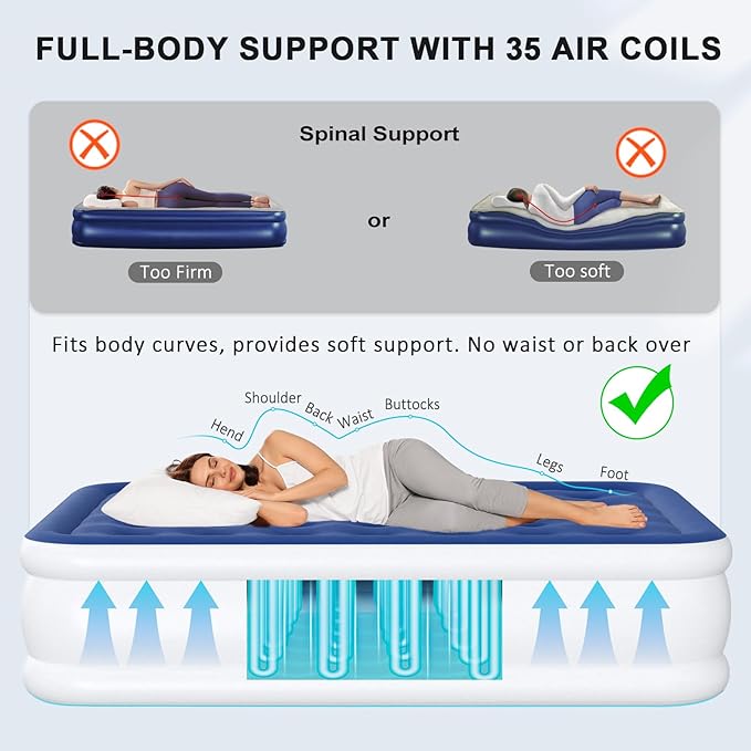 Queen Air Mattress with Built in Pump, 18" Raised Inflatable Mattress, Self Inflating Blow Up Bed, Comfort Portable Air Bed with Carry Bag for Camping, Home, Guests, Travel 690 lbs Max