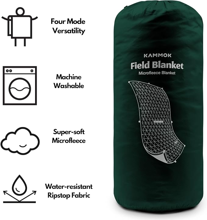KAMMOK Field Blanket - Microfleece, Water Resistant, Portable, Durable, Indoor/Outdoor Camp Blanket (84 in × 50 in) - Pine Green