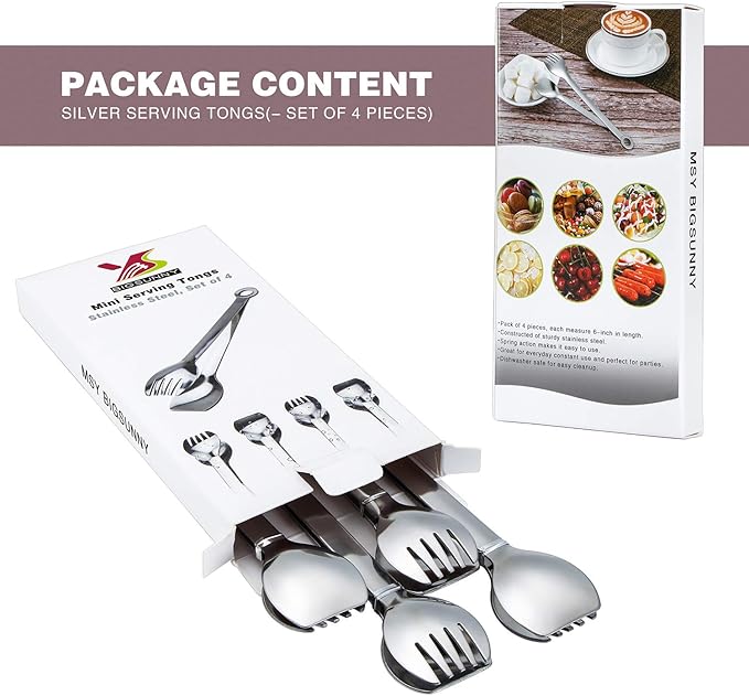 Mini Appetizer Tongs Stainless Steel Set of 4, MSY BIGSUNNY Small Serving Tongs, 6 Inch(15.2cm, Silver)