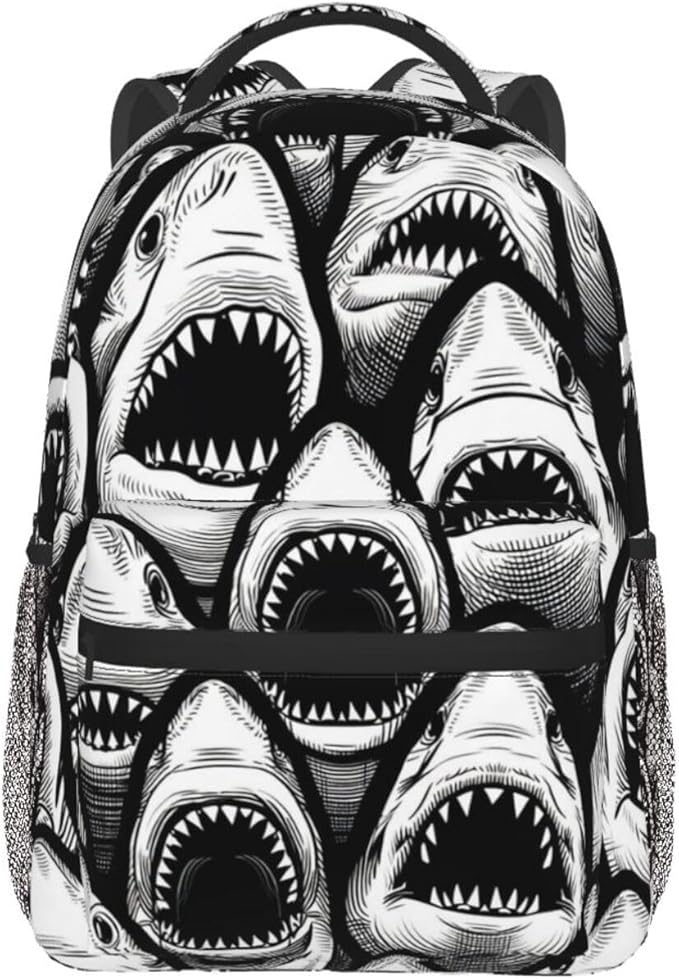 Lightweight Rucksacks for Camping Picnic Walking Cycling, Large Capacity Multipurpose Anti-Theft Carry On Bag, Animal Black And White Sharks Art Travel Hiking Camping Rucksack