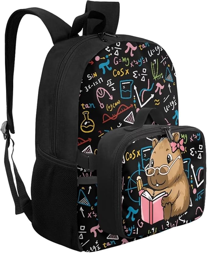 HUGS IDEA Math Capybara Backpack with Lunchbox School Bookbag with Lunch Tote for Kids Large Capacity Elementary School Bag 17 Inch Book Bag for Girls Polyester Children Back Pack