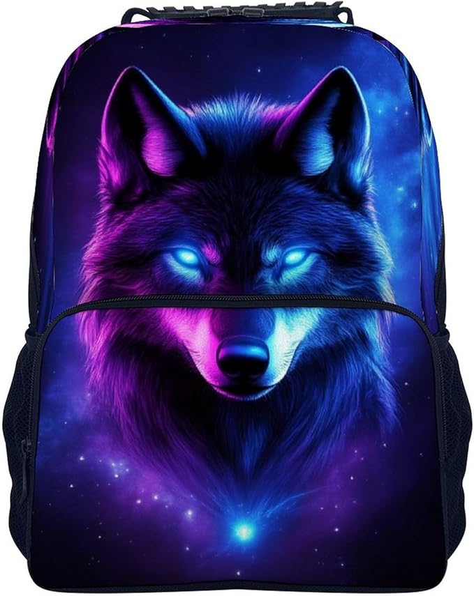 Daypack Backpack Polyester Anti-Theft Multipurpose Purple Universe Galaxy Magic Wolf In The Space Bookbag Big Capacity Travel Hiking Camping Rucksack With Smooth Zippers
