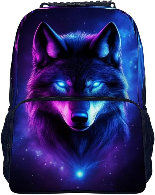 Daypack Backpack Polyester Anti-Theft Multipurpose Purple Universe Galaxy Magic Wolf In The Space Bookbag Big Capacity Travel Hiking Camping Rucksack With Smooth Zippers