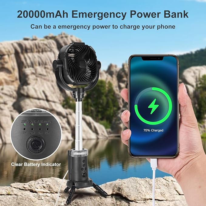 Odoland 20000mAh Camping Fan with Lantern, 360° Oscillation Rechargeable Battery Operated Outdoor Power Fan with Remote, Hook ＆ RGB Light for Camp, Family Travel and Jobsite, Black