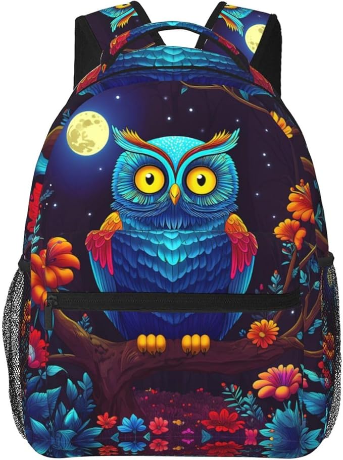 Polyester Daypack for Hiking Work Running, Big Capacity Anti-Theft Multipurpose Shoulder Bag, Trippy Owl Red Floral Moon Art Travel and Sport Backpack Rucksack