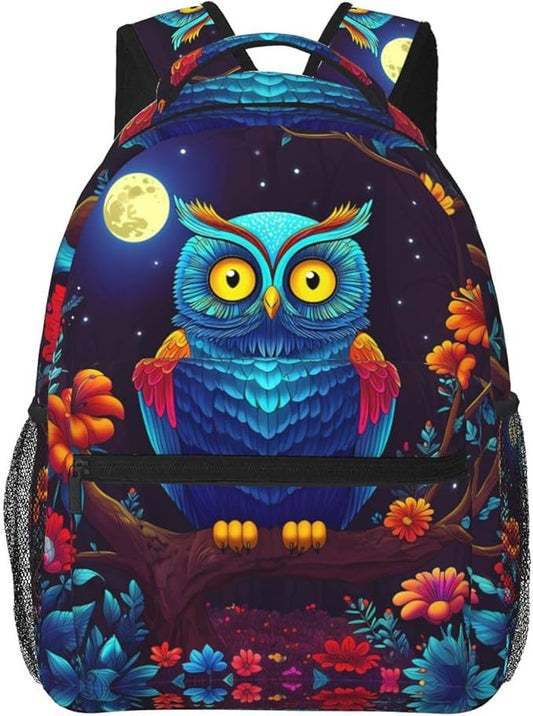 Polyester Daypack for Hiking Work Running, Big Capacity Anti-Theft Multipurpose Shoulder Bag, Trippy Owl Red Floral Moon Art Travel and Sport Backpack Rucksack