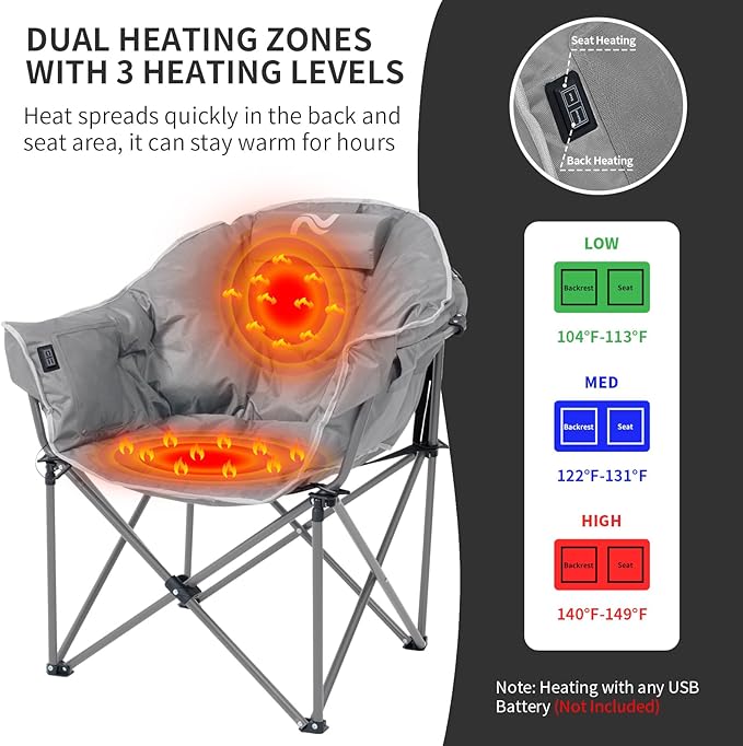 Oversized Heated Camping Chair, 3 Heating Levels Soft Padded Camp Chairs with Pillow and Storage Bag, Portable Folding Outdoor Heated Moon Chair for Camping Lawn Patio Beach and Picnics, Grey