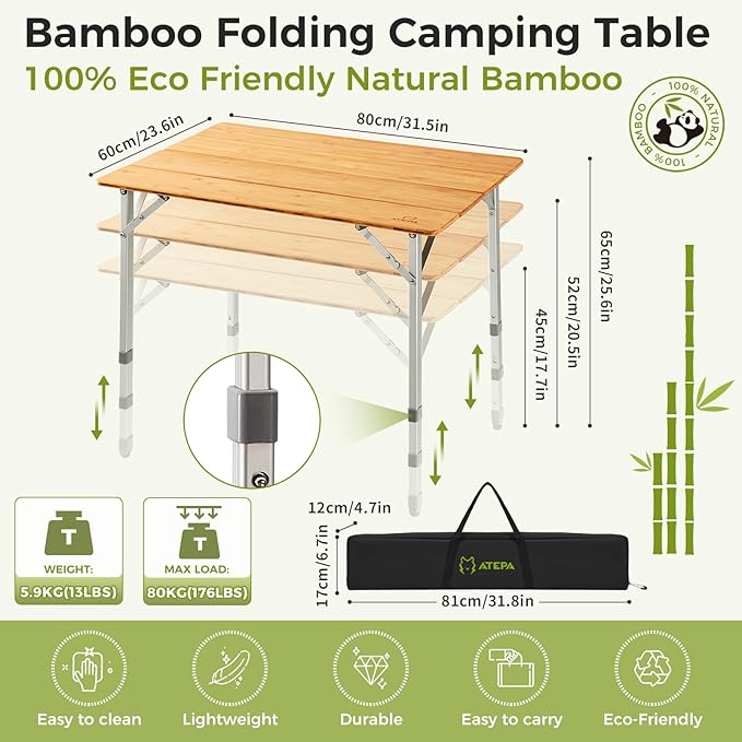 ATEPA Bamboo Folding Table, 32 * 24'' Adjustable Height Folding Camping Table, Eco Friendly l Wooden Folding Table with Aluminum Legs, Carry Bag for Picnic Beach Fishing Outdoor Indoor, 2-4 Person