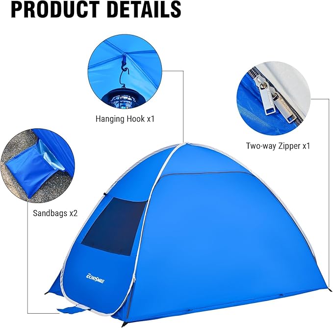 EchoSmile Pop Up Beach Tent for 4 Person Family, UPF 50+ Sun Shelter & Waterproof Beach Shade for Kids, Automatic Easy Setup Portable Cabana for Outdoor Travel （Dark Blue）