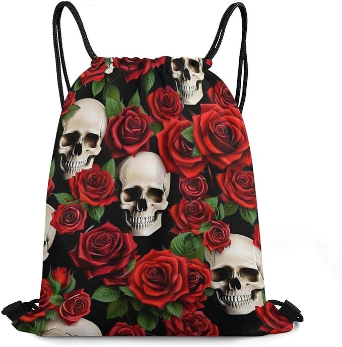 Travel Drawstring Backpack Theft Proof Cinch Sack Water Resistant Sackpack for Camping Hiking Outdoor Sports, Rose Skull Bags