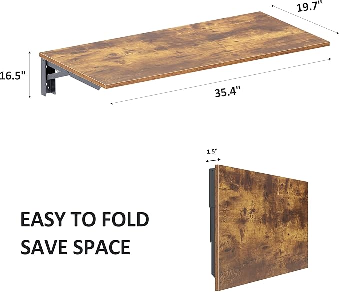 Need Wall Mounted Desk - Heavy Duty Folding Work Table Length 36" Width 20"/Small Space Hanging Desk Perfect Addition to Home/Office/Kitchen & Dining Room Rustic Brown AC15-9050FG-ND