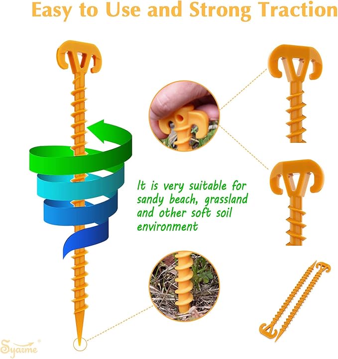Sand Stakes Beach Ground Anchor 11" Sand Stake,On The Beach and Lawn for Securing Animals,Tents,Canopies and Beach Blankets Etc,Tent Stakes 10pc-Pack Spiral Anchor Stakes,Includes Brush and Bag
