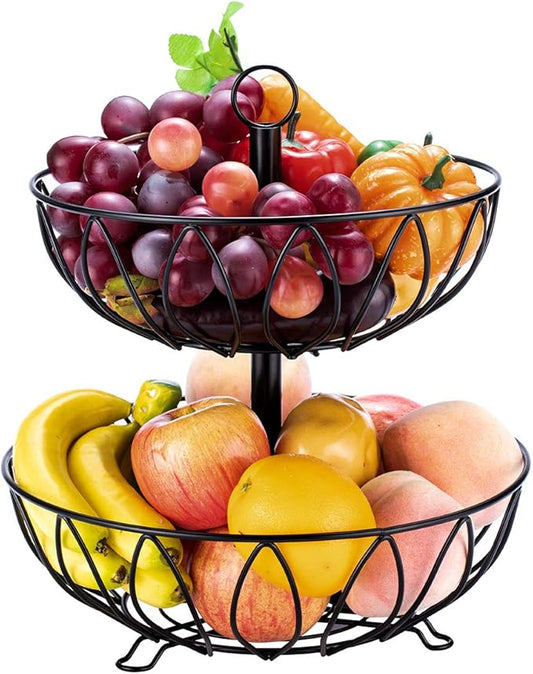 Rice rat Fruit Stand Vegetables Basket Counter Top Fruit Basket Bowl Storage for Kitchen Home Metal Cast Iron (2 Tier-Black)