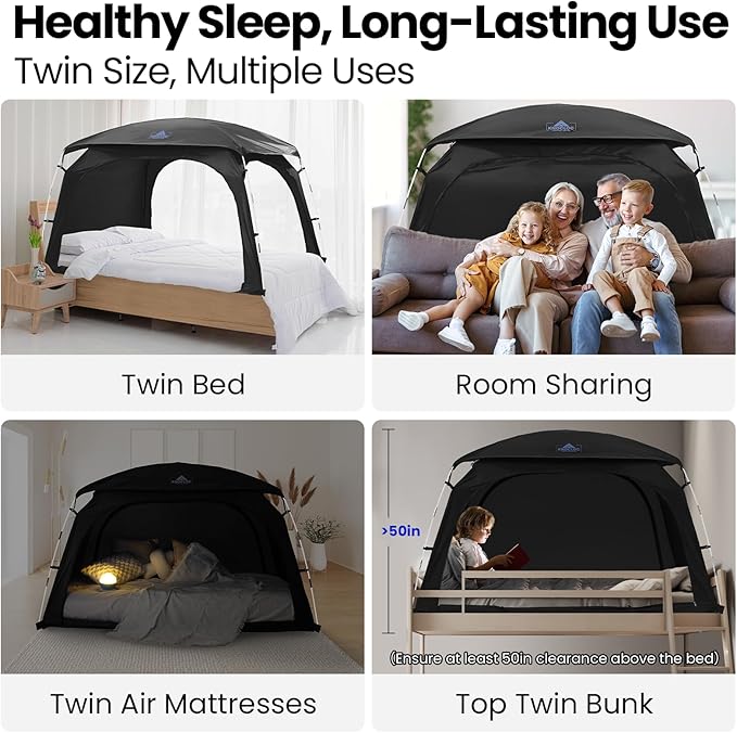 Blackout Twin Bed Tent, CPC Certified Sensory Bed Tent, for Healthier Sleep with Top Vents, Breathable Floor, Built-in Fan Pocket, for Autism Kids & Adults, Anxiety, Long Term Use Design