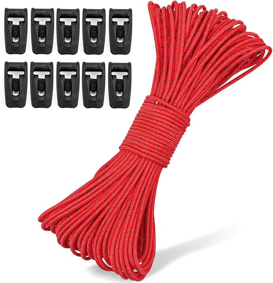 Hikeman Tent Guy Ropes 2mm-Ultralight Strong Guy Lines with Tensioner Reflective UHMWPE Fiber Tent Cord for Camping, Hiking, Backpacking Rope (Red, 65 Feet Cord & 10 Pcs Tensioner Kit)