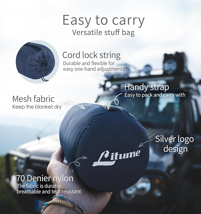 Litume Travel Camping Blanket Lightweight and Breathable, 67 x 48 in Soft Airplane Flight Blanket for Travelers, Foldable Sheet with Stuff Sack for Train, Camp, backapcking, Office, Home (E651 Grey)