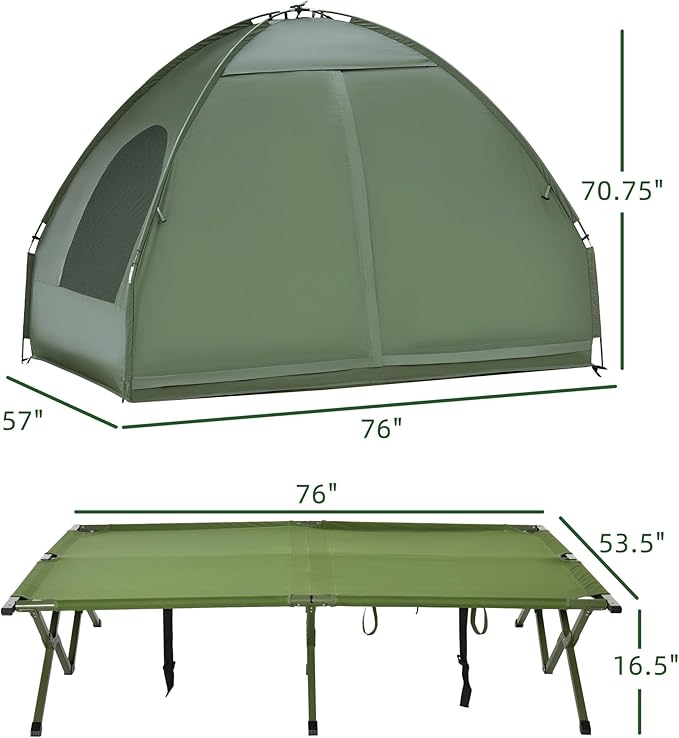 Outsunny Camping Tent Cot, Folding Tent Cot Combo with Mattress, Pillow, Sleeping Bag, Roller Carrying Bag, Off Ground Travel Camp Cot for Hiking, Backpacking