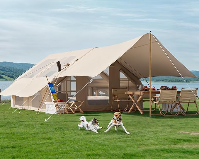 Inflatable Camping Tent with Pump & 1/2 Awnings, 8-14 Person Air Tents for Camping Adult, Large Waterproof Oxford Family Glamping Tent, Quick Setup Big Tent for Outdoor Camping