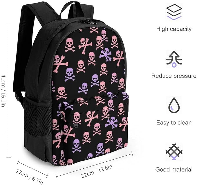 Polyester Daypack for Camping Travel Walking Cycling, Big Capacity Anti-Theft Multipurpose Bookbag, Purple Pink Crossbones Skulls Camping Outdoor Backpack