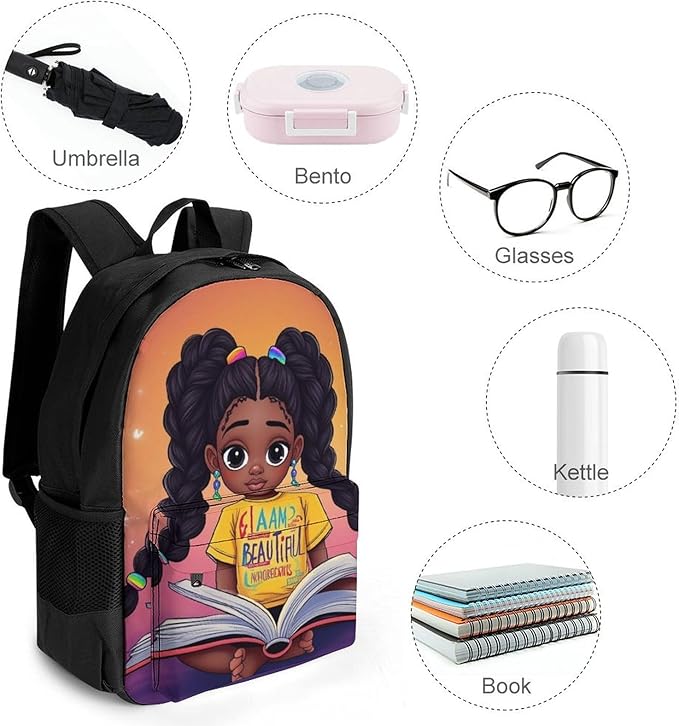 Shoulder Book Bags Polyester Multipurpose Anti-Theft African American Black Woman Book Art Carry On Bag Large Capacity Travel Hiking Camping Rucksack