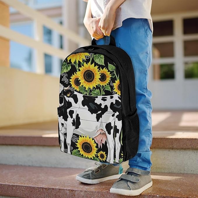Supdreamc Polyester Daypack for Hiking Work Running, Big Capacity Anti-Theft Multipurpose Shoulder Bag, Farm Cow Sunflower Print Travel and Sport Backpack Rucksack
