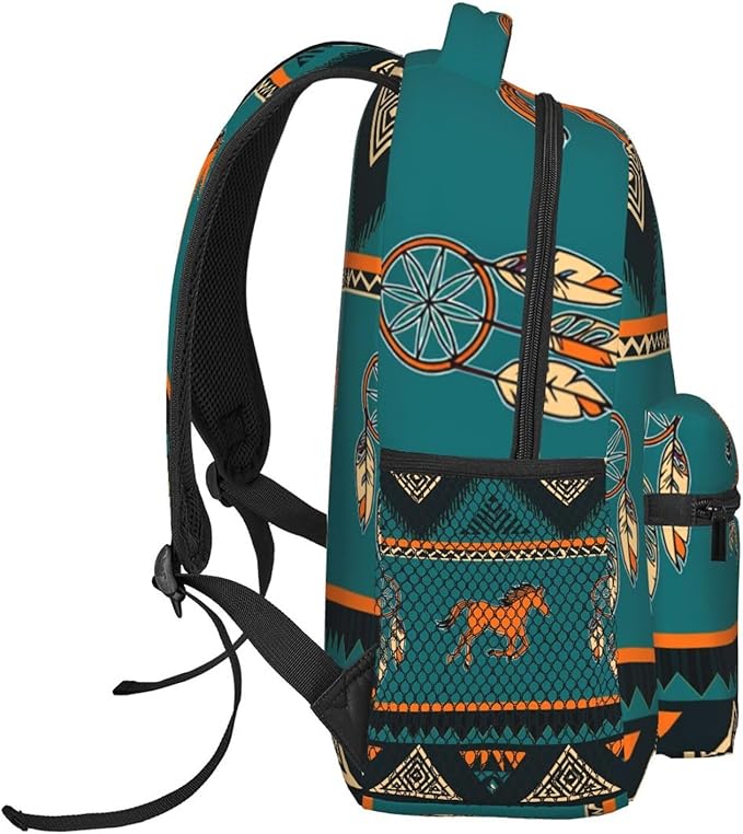 Lightweight Daypack Backpack for Sports Travel Running, Large Capacity Multipurpose Anti-Theft Bookbag, Southwest Native American Ethnic Horse Dreamcatcher Art Laptop Backpack Daypack