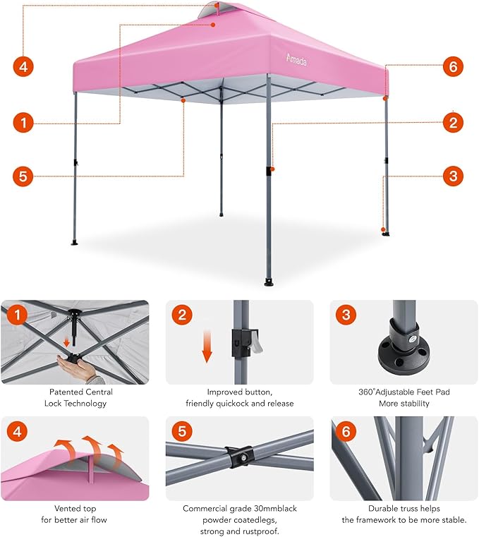Amada 10x10 Pop Up Canopy - Center Lock One Push Instant Setup Gazebo Outdoor Canopy Beach Tent with STO-N-Go Bag 8 Stakes & 4 Sand Bags, 3-Height Adjustable Shade Shelter (10x10ft, Pink)