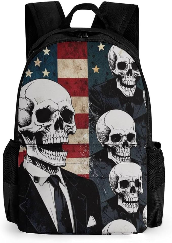 Men Women Lightweight Skull American Flag Blue Red White Backpack Large Capacity Carry On Bag With Padded Straps for Sports Work Walking Cycling