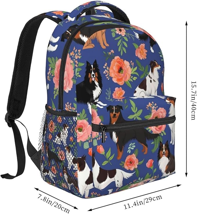 Men Women Polyester Australian Shepherd Dogs Flowers Daypack Bookbag Big Capacity Shoulder Bag With Padded Straps for Climbing Travel Walking Cycling