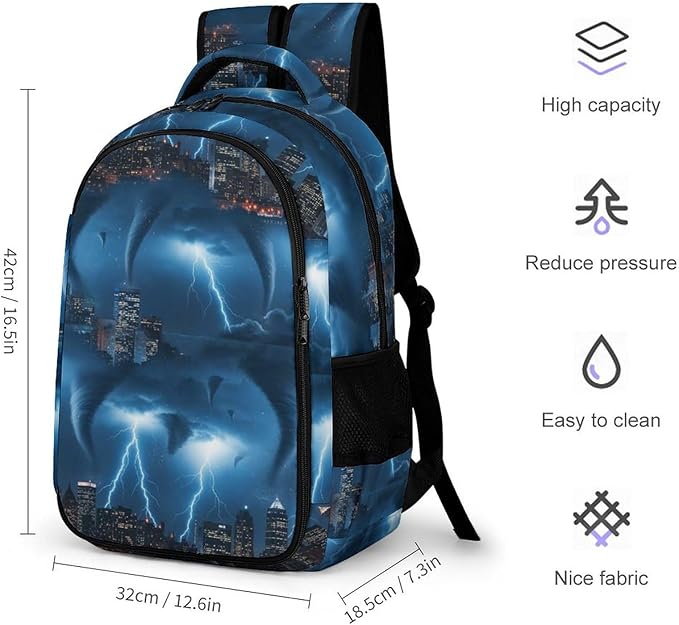 Water Resistant Travel Daypack Chicago City Tornado Storm Weather Pattern, Lightweight Laptop Backpack with Water Bottle Pockets for Men Women College Work