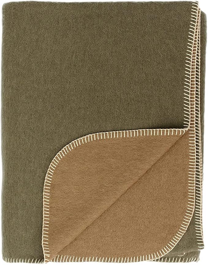 Thick Alpaca Wool Blanket Heavyweight for Camping Outdoors or Using Indoors | Soft Peruvian Alpaca Wool Blankets (Olive Green/Soft Camel, King)