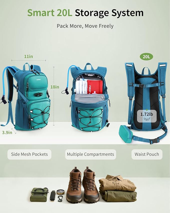 ECOHUB Hydration Backpack for Men Women, 20L Lightweight Hiking Daypack Cycling Backpack with 2L Water Bladder, Insulated Hydration Pack with Waist Pack