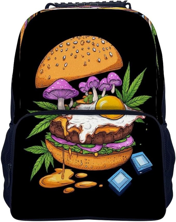 Lightweight Daypack for Camping Business Walking Cycling, Large Capacity Anti-Theft Multipurpose Bookbag, Mushrooms Trippy Hamburger Art Gym Outdoor Hiking Backpack