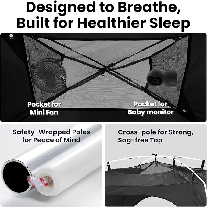 Blackout Twin Bed Tent, CPC Certified Sensory Bed Tent, for Healthier Sleep with Top Vents, Breathable Floor, Built-in Fan Pocket, for Autism Kids & Adults, Anxiety, Long Term Use Design