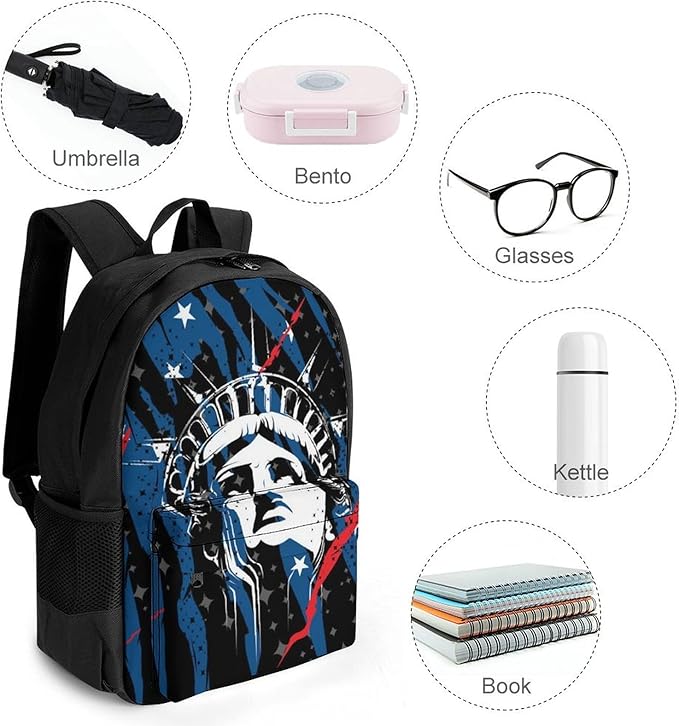 Rucksack Anti-Theft Multipurpose Large Capacity Carry On Bag, Statue Of Liberty American Flag Black Travel Hiking Bag Day Pack With Side Pockets