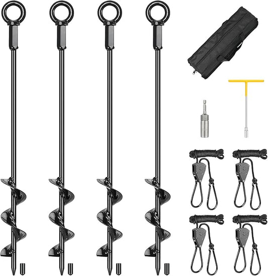 Tent Stakes Anchors 16-in 4 Pack, RV Awning Tie Down Kit for Wind-Proof with Retractable Ratchet Straps, Camping Stakes Heavy Duty for Tents, Beach Umbrellas, Canopies, Carport, Campers