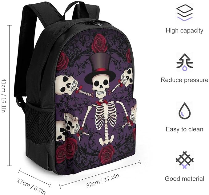 Supdreamc Men Women Polyester Day Of The Dead Red Rose Magic Hat Skeleton Sugar Skulls Daypack Backpack Large Capacity Carry On Bag With Smooth Zippers for Hiking Picnic Walking Cycling
