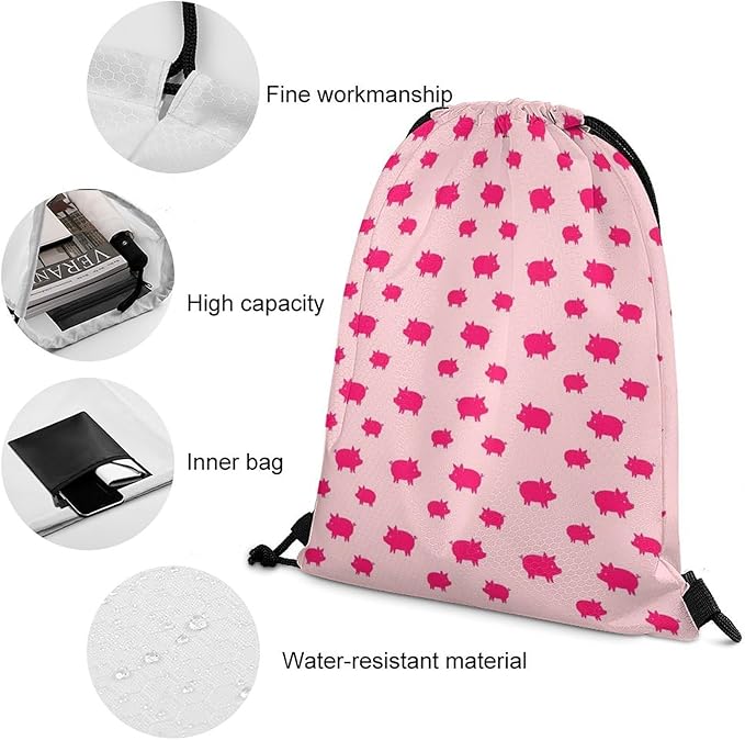 Beam Backpack Large Capacity Drawstring Sack Waterproof Sackpack for Basketball Volleyball Sports Gear Men Women, Pink Pigs Pattern Bags