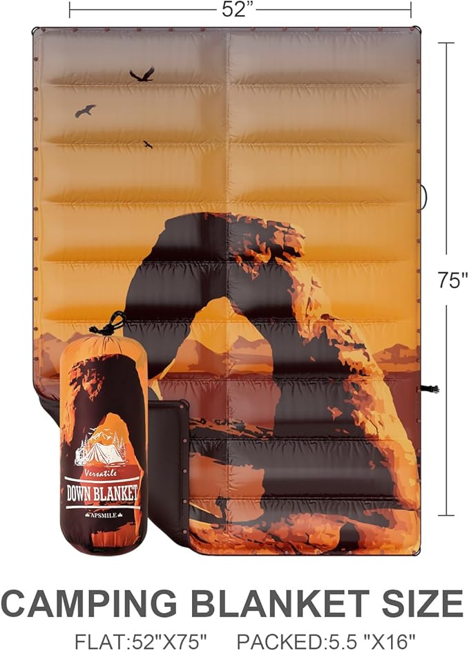 APSMILE Outdoor Down Blanket | Extra Warm & Puffy Camping Blanket | Water-Resistant, Lightweight, Packable Sleeping Quilt for Camp, Travel, Hiking, Picnic, Backpack (Arch HD Printed, 52"x75")