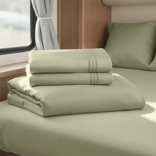 Hearth & Harbor Short Queen Sheets for RV, Sage Green RV Queen Sheets, Silky Soft 1800 Microfiber Bed Sheet for Camper, 4 Piece RV Bedding with Pillowcases
