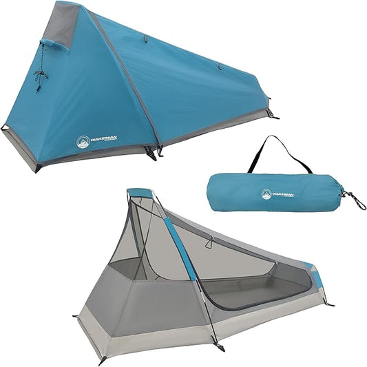 Single Person Tent - 1 Person Camping Tent with Rainfly and Carrying Bag - Lightweight Outdoor Bivy Bag Shelter for Backpacking, Hiking, or Camping Essentials by Wakeman Outdoors (Blue)