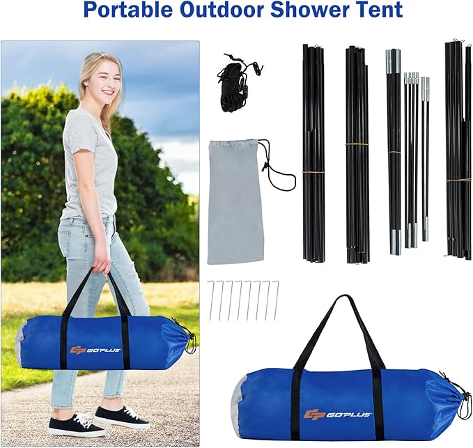 Goplus 2 Room Shower Tent, Portable Camping Changing With Floor Drain, Detachable Rain Fly, Stakes & Ropes, UV Protection, Water Resistant Privacy for Outdoor Toilet, Dressing (Blue)