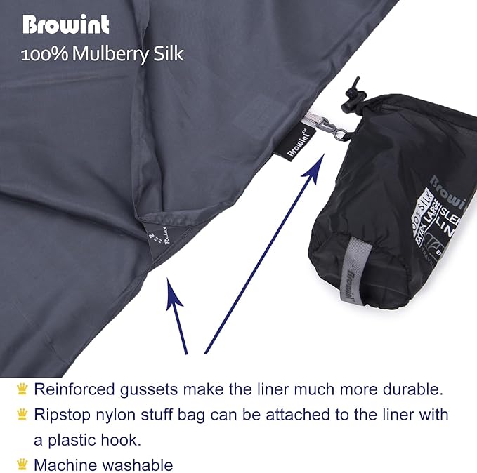 BROWINT Silk Sleeping Bag Liner, Silk Sleep Sack, Extra Wide 87"x43", Lightweight Travel Sheet for Hotels, More Colors for Option, Reinforced Gussets