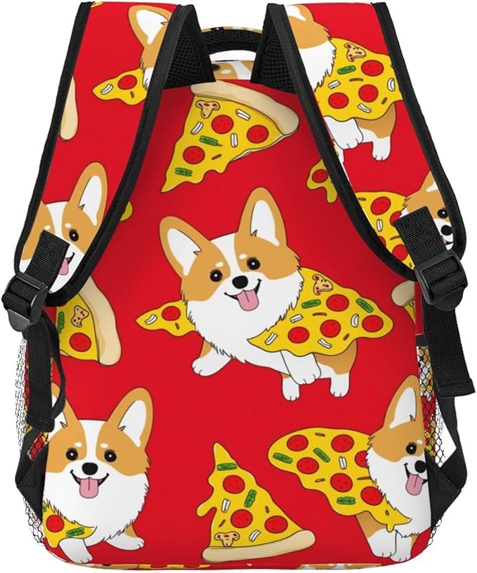 Men Women Polyester Corgi Junk Food Cute Dogs Pizzas Backpack Large Capacity Bookbag With Smooth Zippers for Climbing Picnic Bicycle