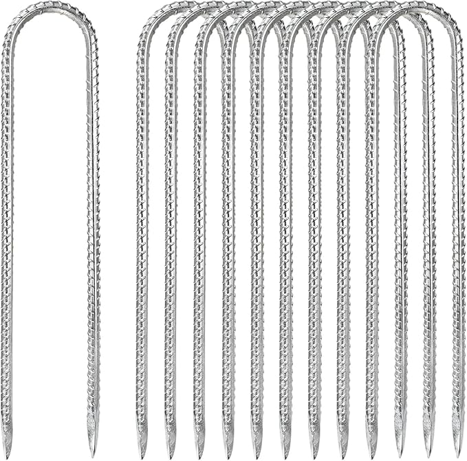 10-Pack High Duty Ground Stakes, 12 Inch U-Shape Hook Rebar Stakes Steel Metal Camping Tent Anchor for Yard Landscape/Swing Sets/Fence/Garden