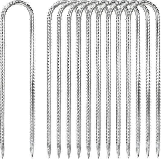10-Pack High Duty Ground Stakes, 12 Inch U-Shape Hook Rebar Stakes Steel Metal Camping Tent Anchor for Yard Landscape/Swing Sets/Fence/Garden