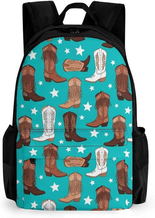 Daypack Bookbag Anti-Theft Multipurpose Large Capacity Bookbag, Beautiful Colorful Teal Cowboy Boots Travel Hiking Camping Rucksack With Adjustable Shoulder Straps