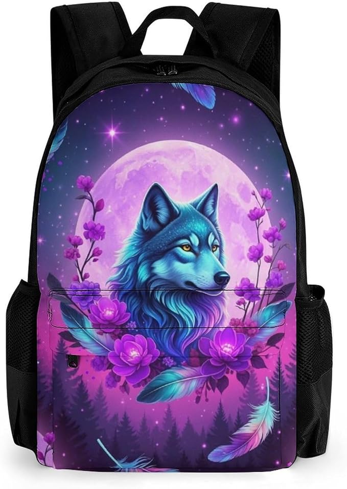 Men Women Polyester Full Moon Flower Wolf Purple Daypack Big Capacity Shoulder Bag With Smooth Zippers for Hiking Work Walking Cycling