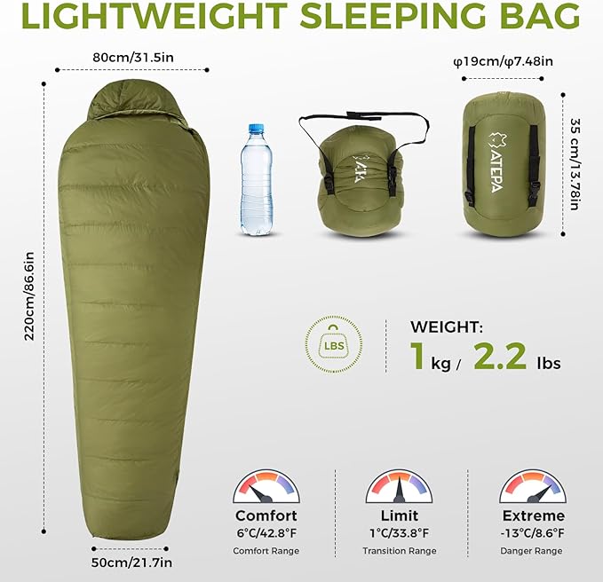 ATEPA Elements 450 Down Sleeping Bag for Adults, 700FP 42.8℉ Recycled Mummy Cold Weather Ultralight 3 Season Compact Packable Sleeping Bag with 15D Nylon Shell for Backpacking Camping Hiking